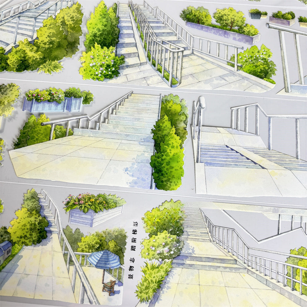 Design plan of a park with pathways, stairs, and trees