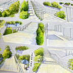 Design plan of a park with pathways, stairs, and trees
