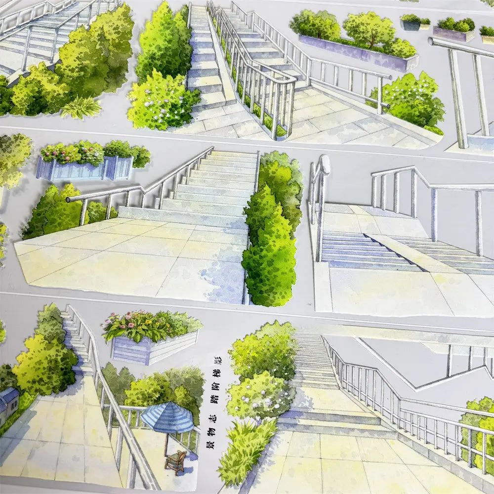 Design plan of a park with pathways, stairs, and trees