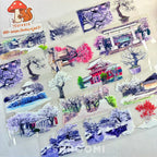 Delicate cherry blossoms and serene Japanese temple gates adorn this Jade Blossom & Branch PET Tape for elegant crafts.