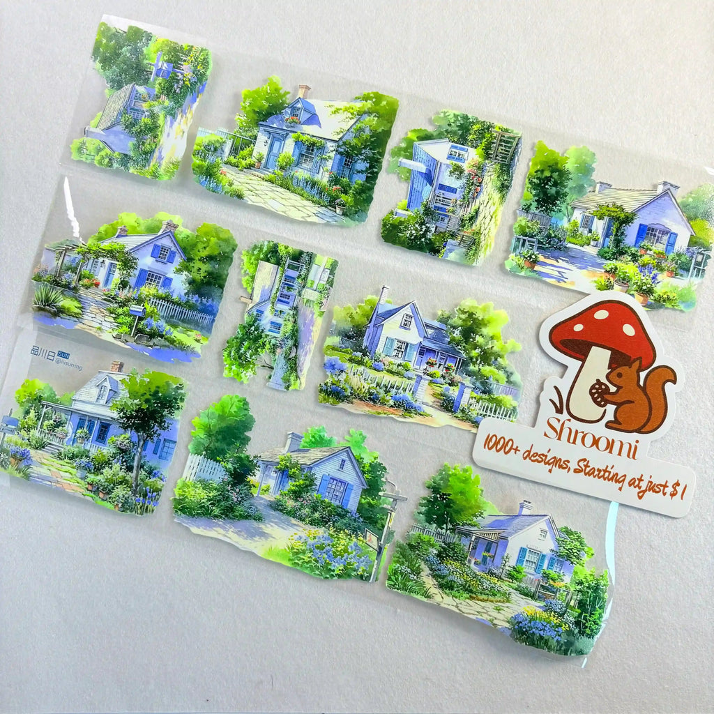 Charming PET tape featuring hand-painted cottages, blooming vines, and floral pots, evoking a serene countryside vibe.