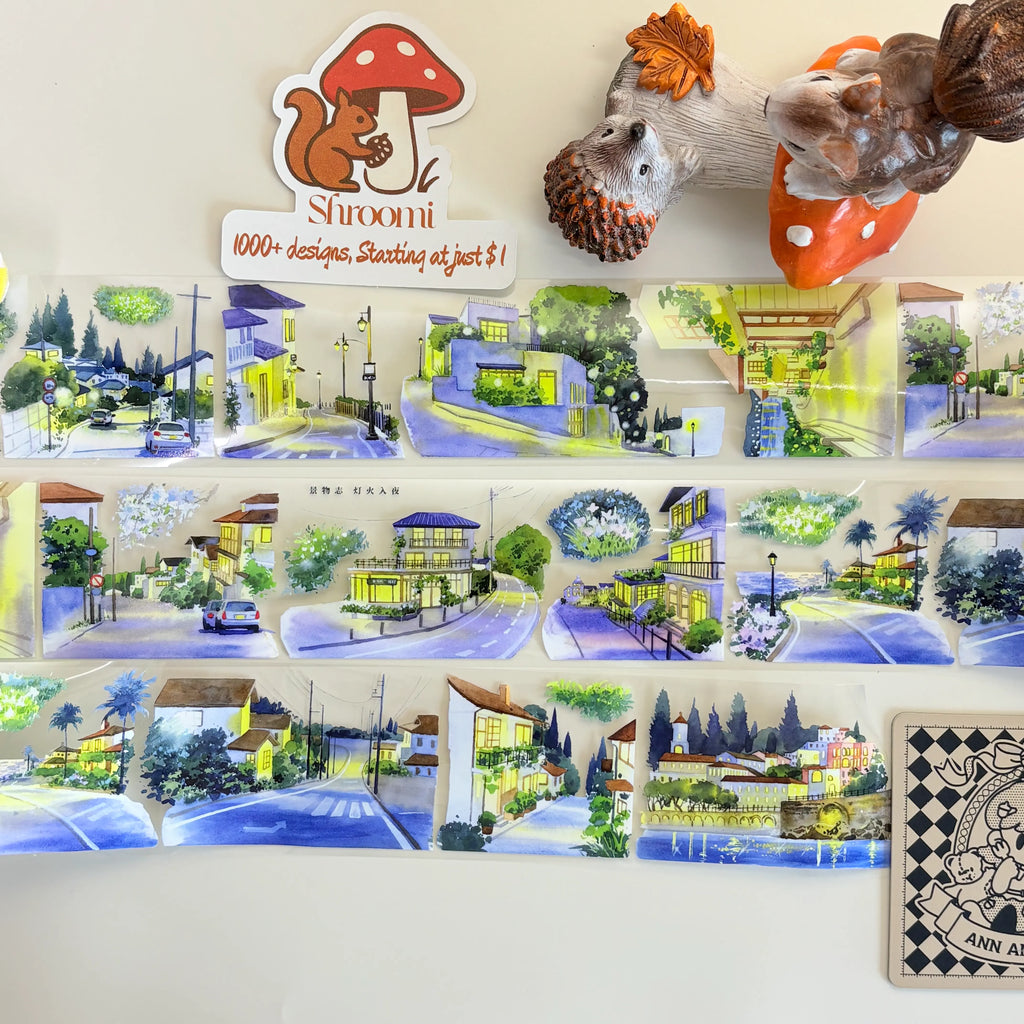 Collage of small town illustrations with a 'Shroomi' branding card on a white background