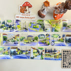 Collage of small town illustrations with a 'Shroomi' branding card on a white background