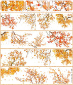 PET tape with white ink showing detailed, vibrant branches of red and golden-orange maple leaves.