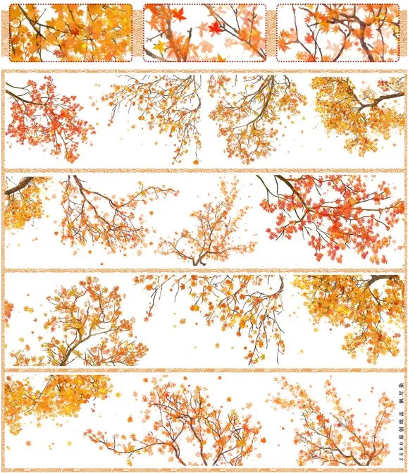 PET tape with white ink showing detailed, vibrant branches of red and golden-orange maple leaves.