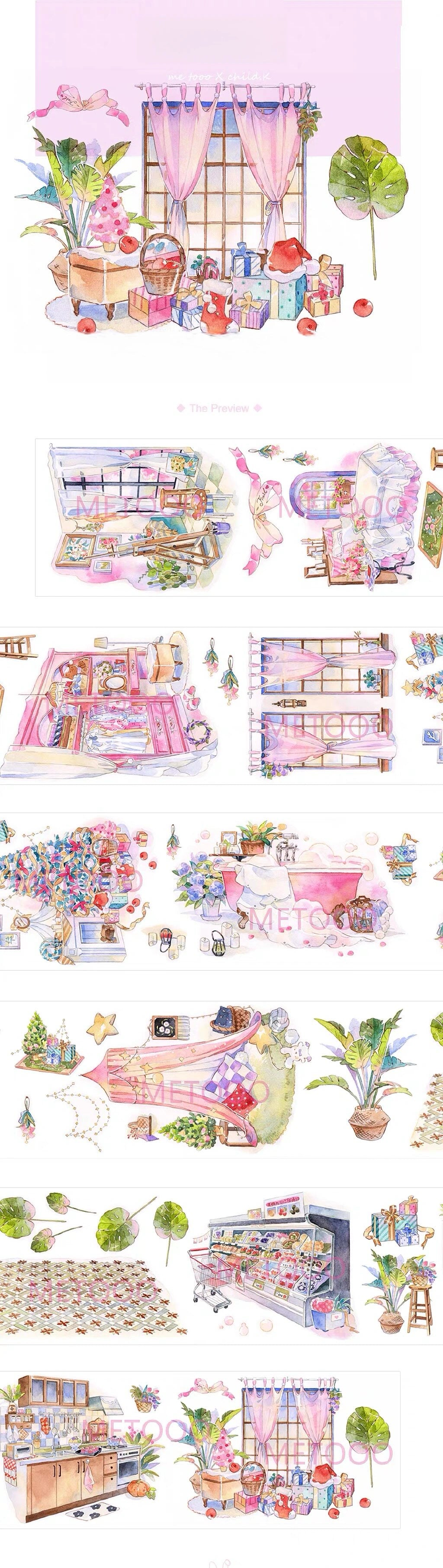 Walnut Bubbles PET tape display — layered strips showing holiday gift shop, flower arrangements, and whimsical home scenes in soft watercolor