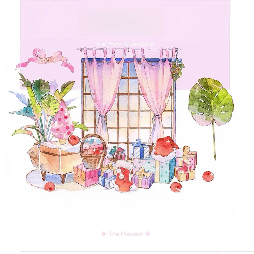 Walnut Bubbles tape preview — cozy Christmas window scene with pink curtains, tropical plants, wrapped gift boxes, and monstera leaf