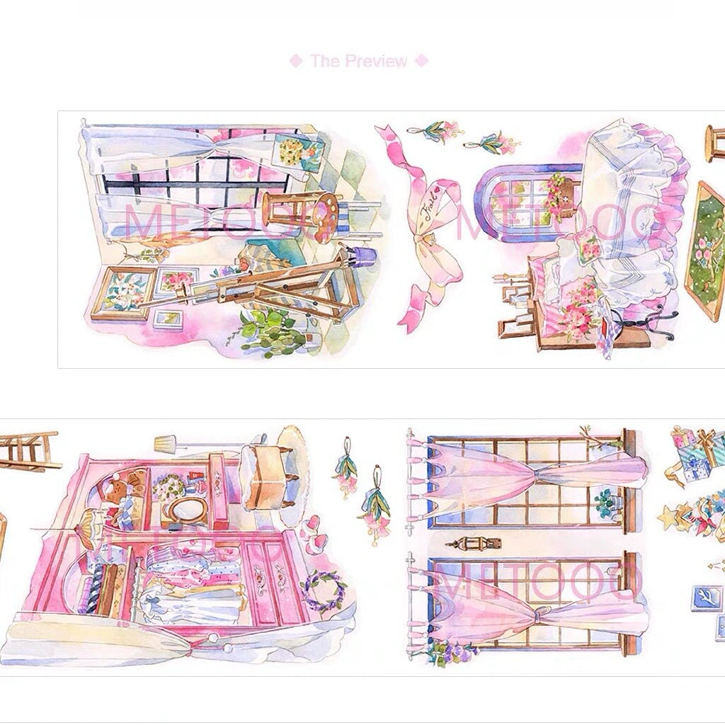 Walnut Bubbles tape preview — art studio with easel and paintings; ballet studio with pink tutu; jewelry vanity scene; pink bedroom with dress rack