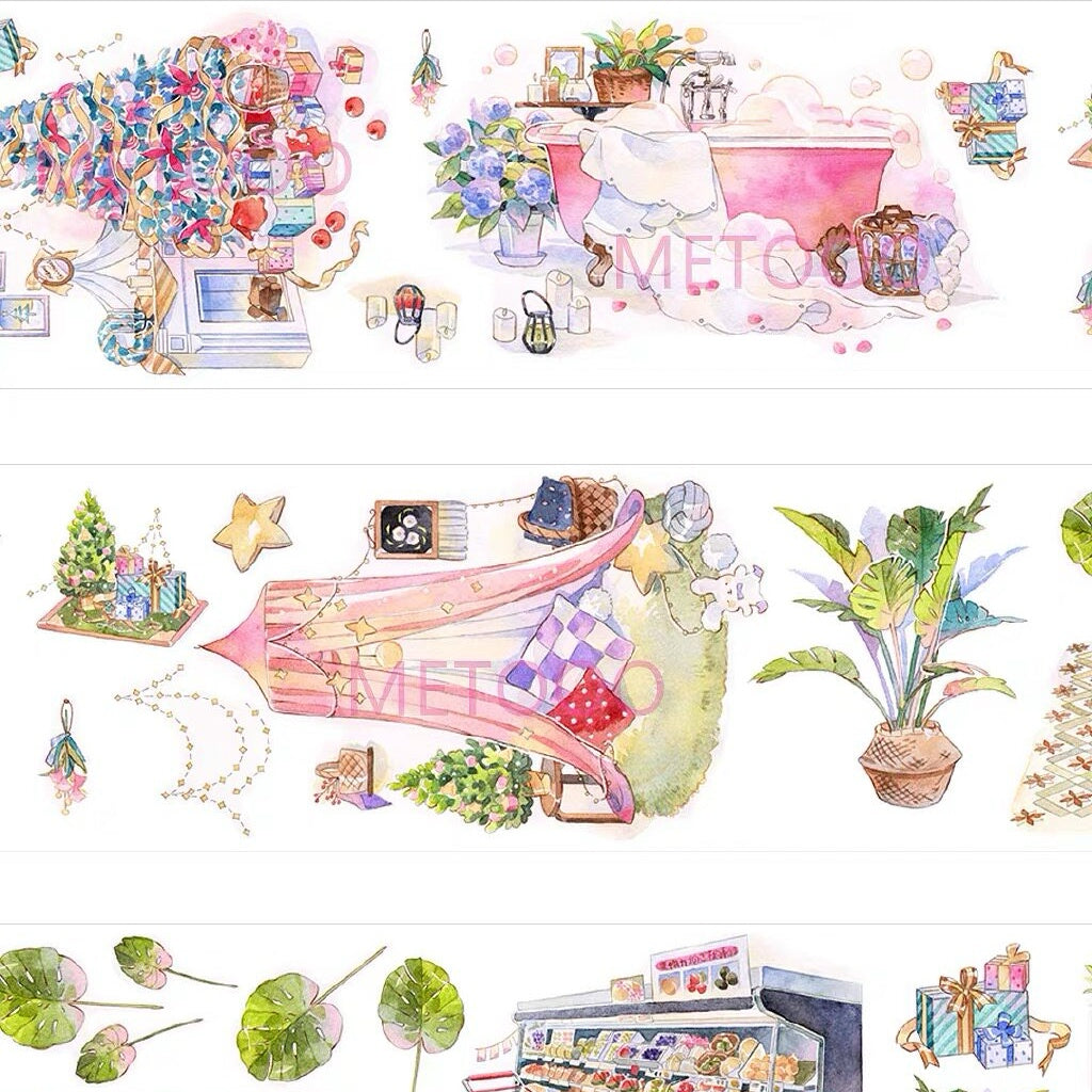 Walnut Bubbles PET tape display — layered strips showing holiday gift shop, flower arrangements, and whimsical home scenes in soft watercolor