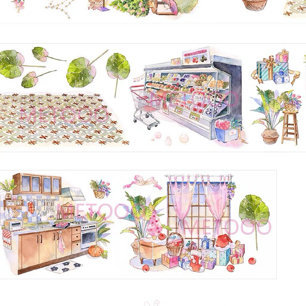 Walnut Bubbles tape — monstera leaves, supermarket grocery aisle, wrapped gifts; kitchen with stove and plants; Christmas gift corner with pink curtain window