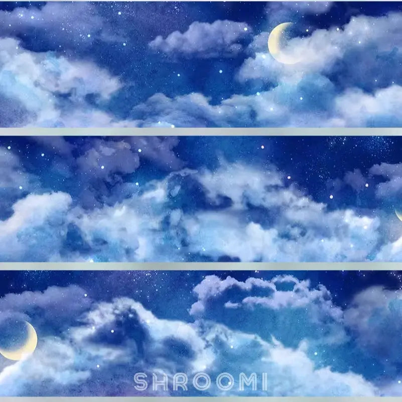 Moonlit sky PET tape showing deep blue night sky with crescent moon luminous clouds and scattered stars