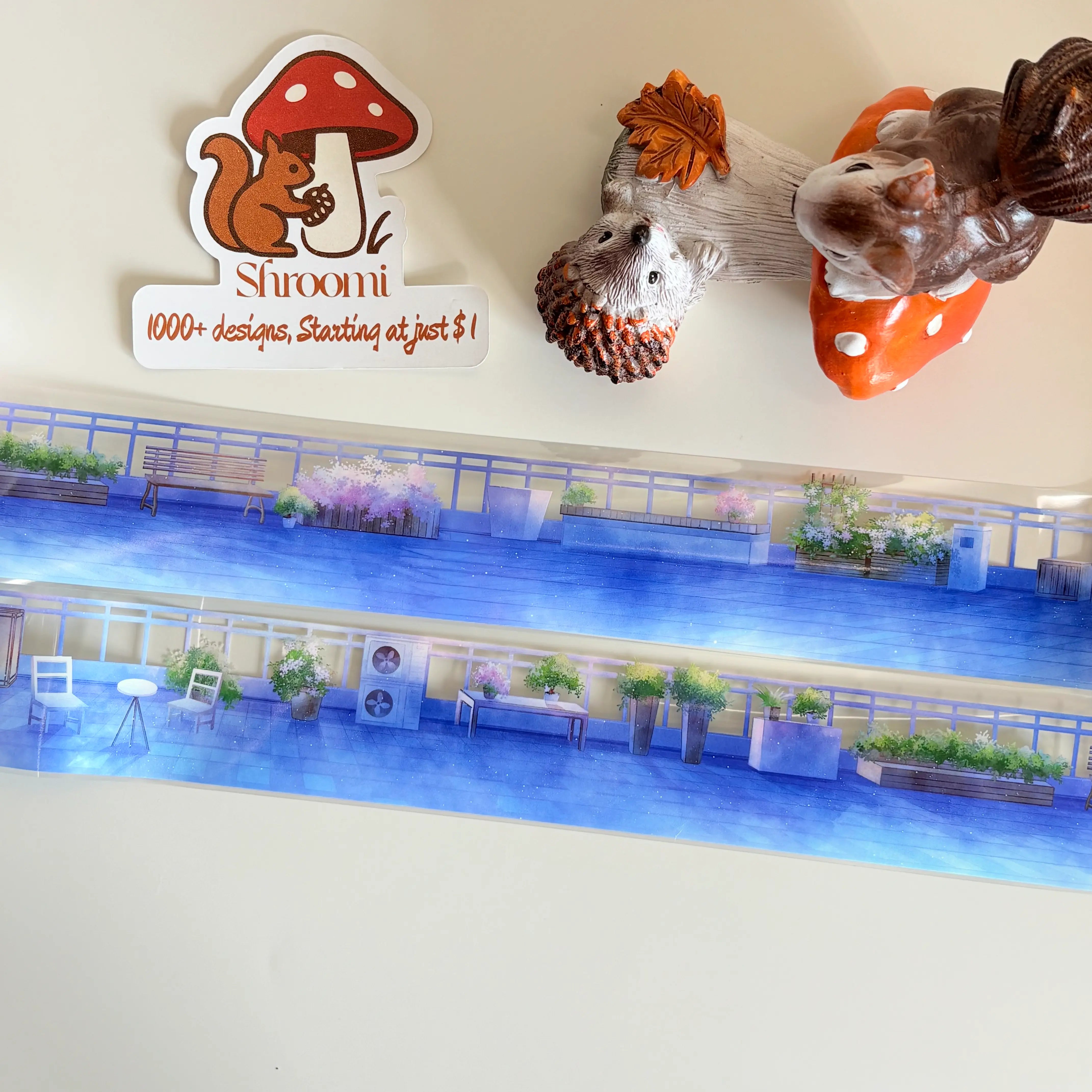 Decorative tape featuring a blue night rooftop with plants and furniture | Shroomi