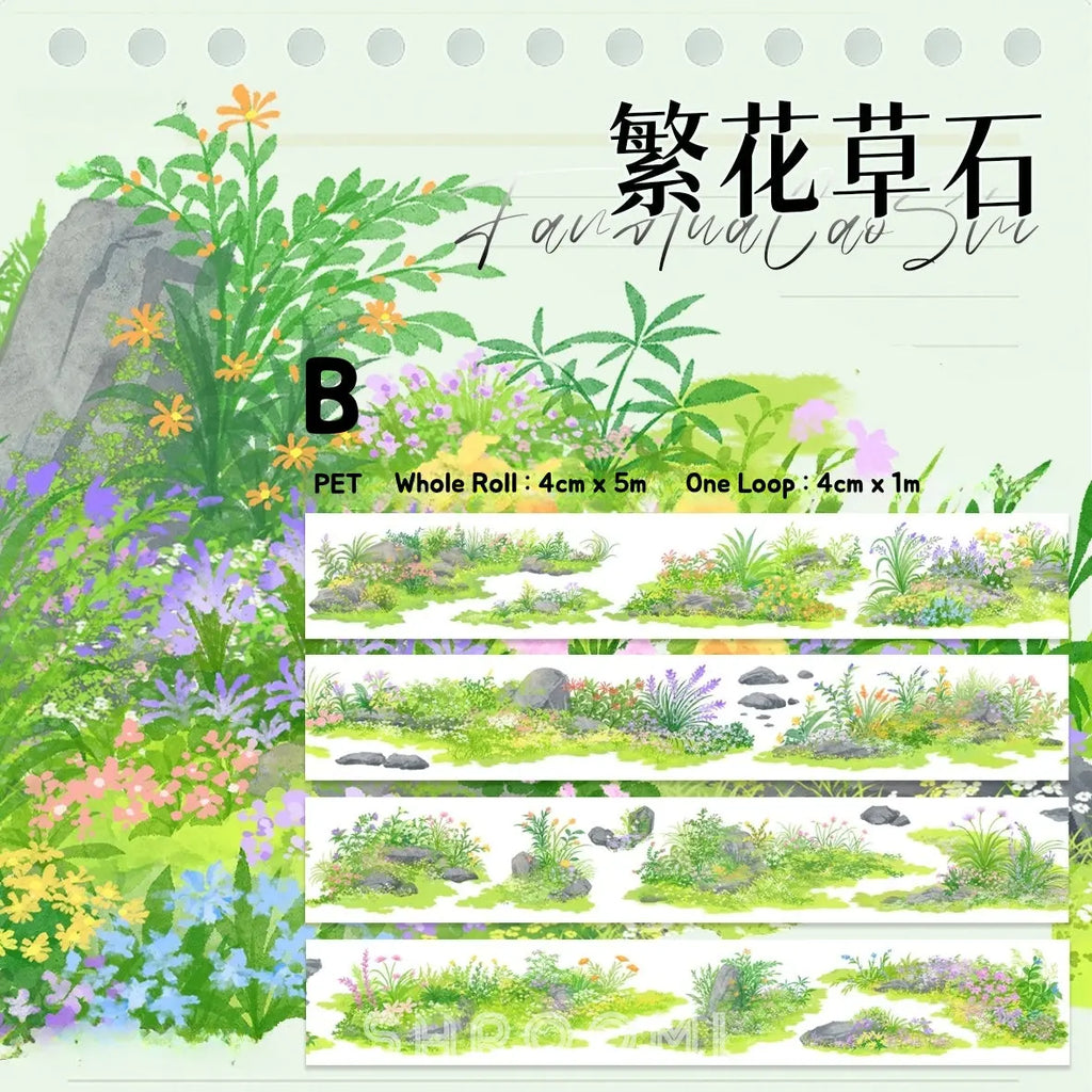 Stunning No.7 Landscaping Tape showcasing snowy mountains, lush meadows, vibrant florals, and serene streams in detailed designs.