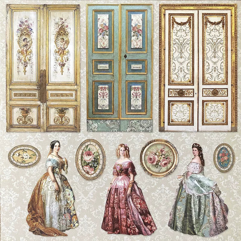 Vintage courtly decorative stickers with elegant portraits, floral frames, and a horse-riding scene