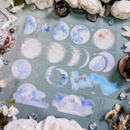 Silent Moonlight lunar phase watercolor PET tape roll with moon, clouds