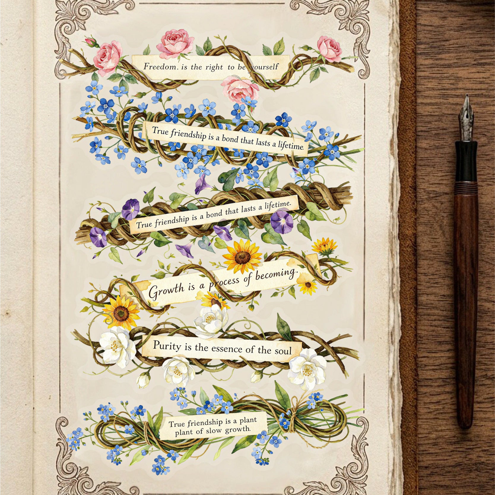 Vintage botanical flower stickers arranged on a journal page with blue and yellow flowers and label strips