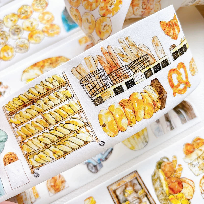 Detail of watercolor bakery girls and bread illustrations on tape