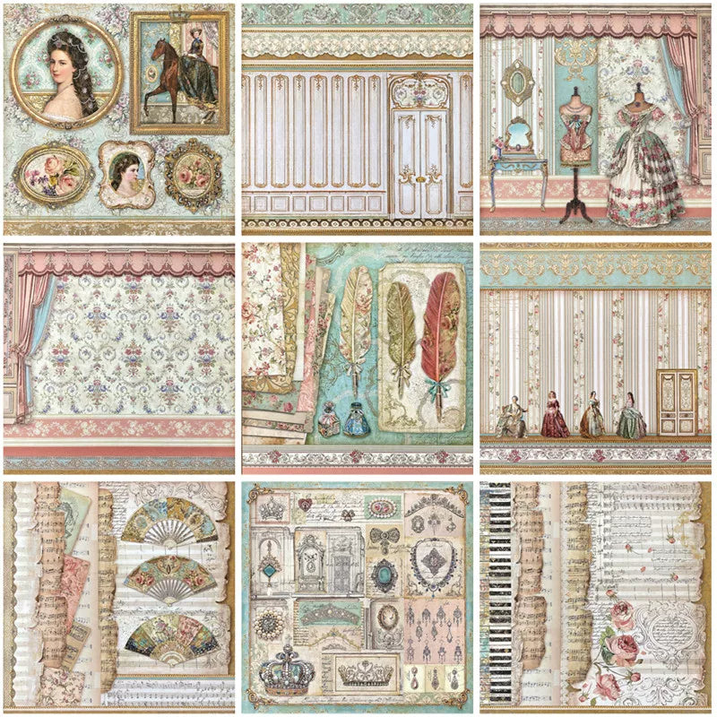 Vintage courtly sticker sheet designs with palace interiors, fashion displays, portraits, and decorative frames