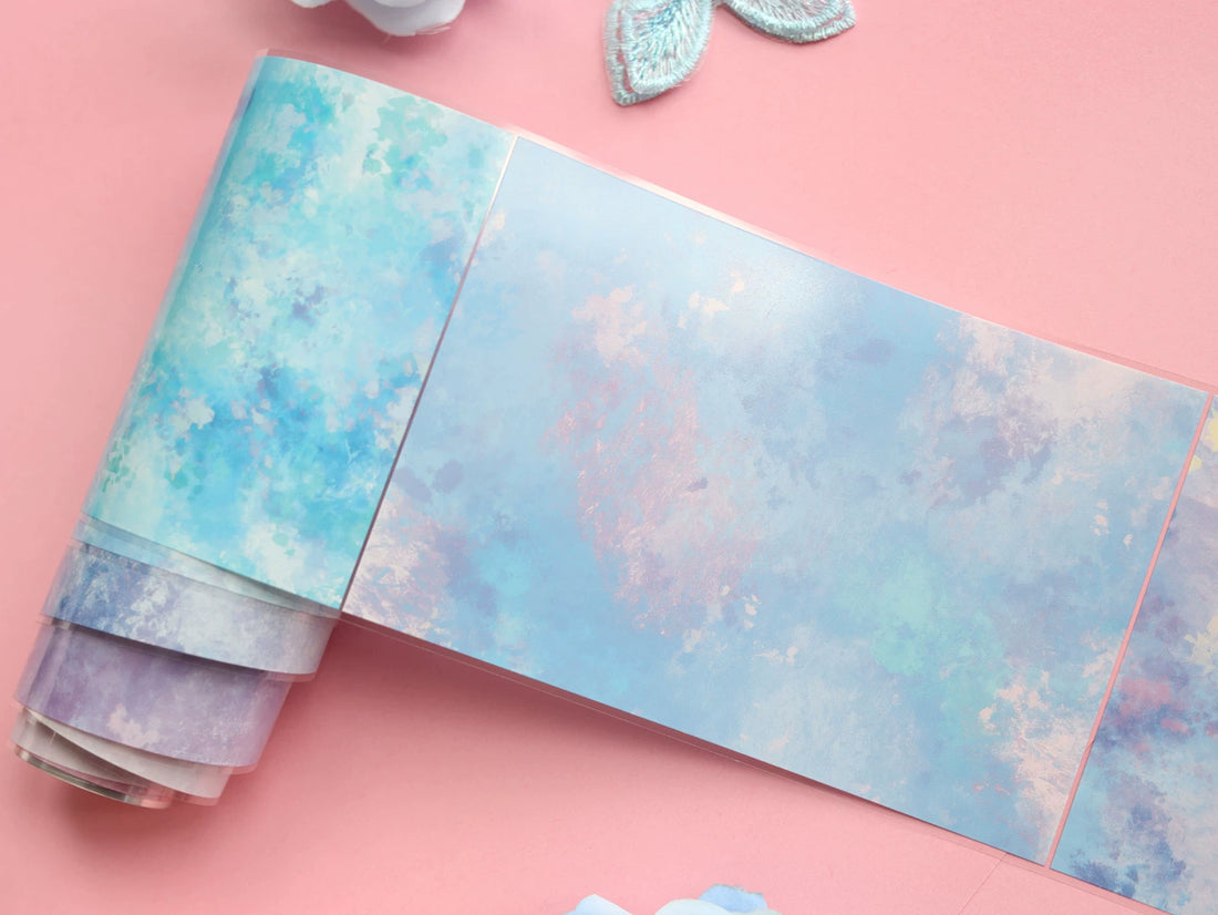 Iridescent nebula PET tape in soft blue, pink, lavender, and pearlescent tones