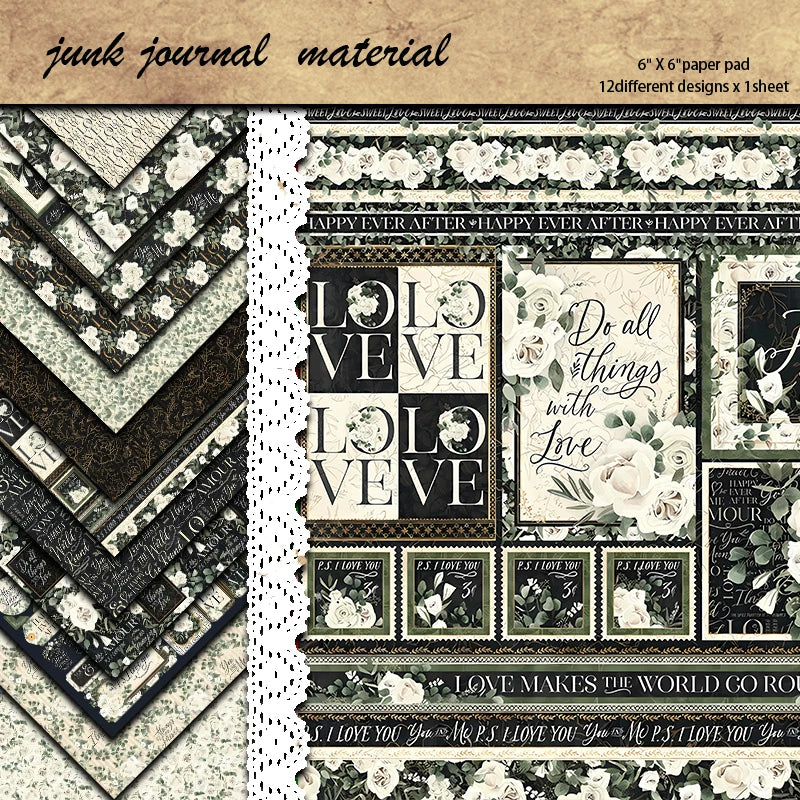 Decorative paper with white roses, script text, and "LOVE" and "HAPPY EVER AFTER" phrases | Shroomi