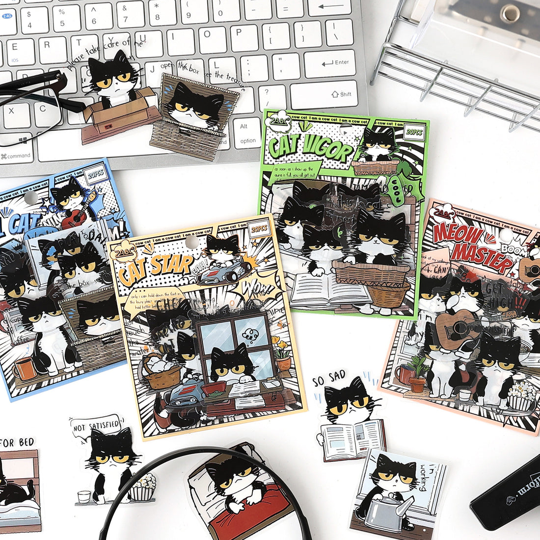 Comic style black and white cat sticker pack – Cat Star, Cool Cat, Cream Puff and Meow Master characters