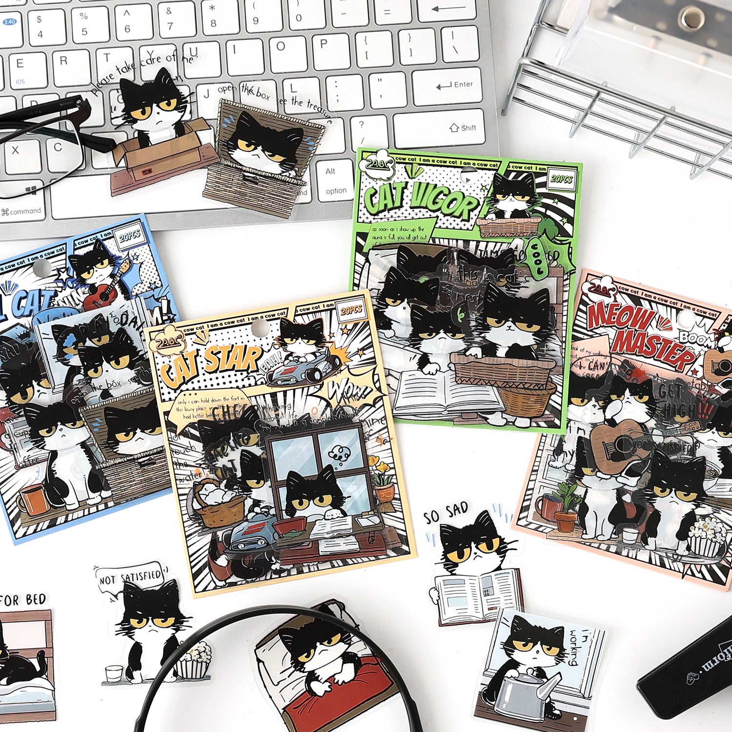 Comic style black and white cat sticker pack – Cat Star, Cool Cat, Cream Puff and Meow Master characters