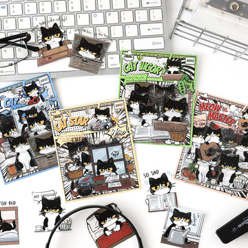 Comic style black and white cat sticker pack – Cat Star, Cool Cat, Cream Puff and Meow Master characters