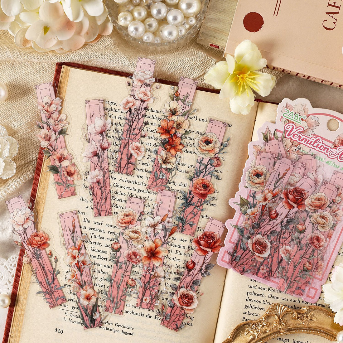 Vines and Flowers vintage botanical sticker pack – antique floral illustrations in Amaranth, Golden, Celadon and Vermillion