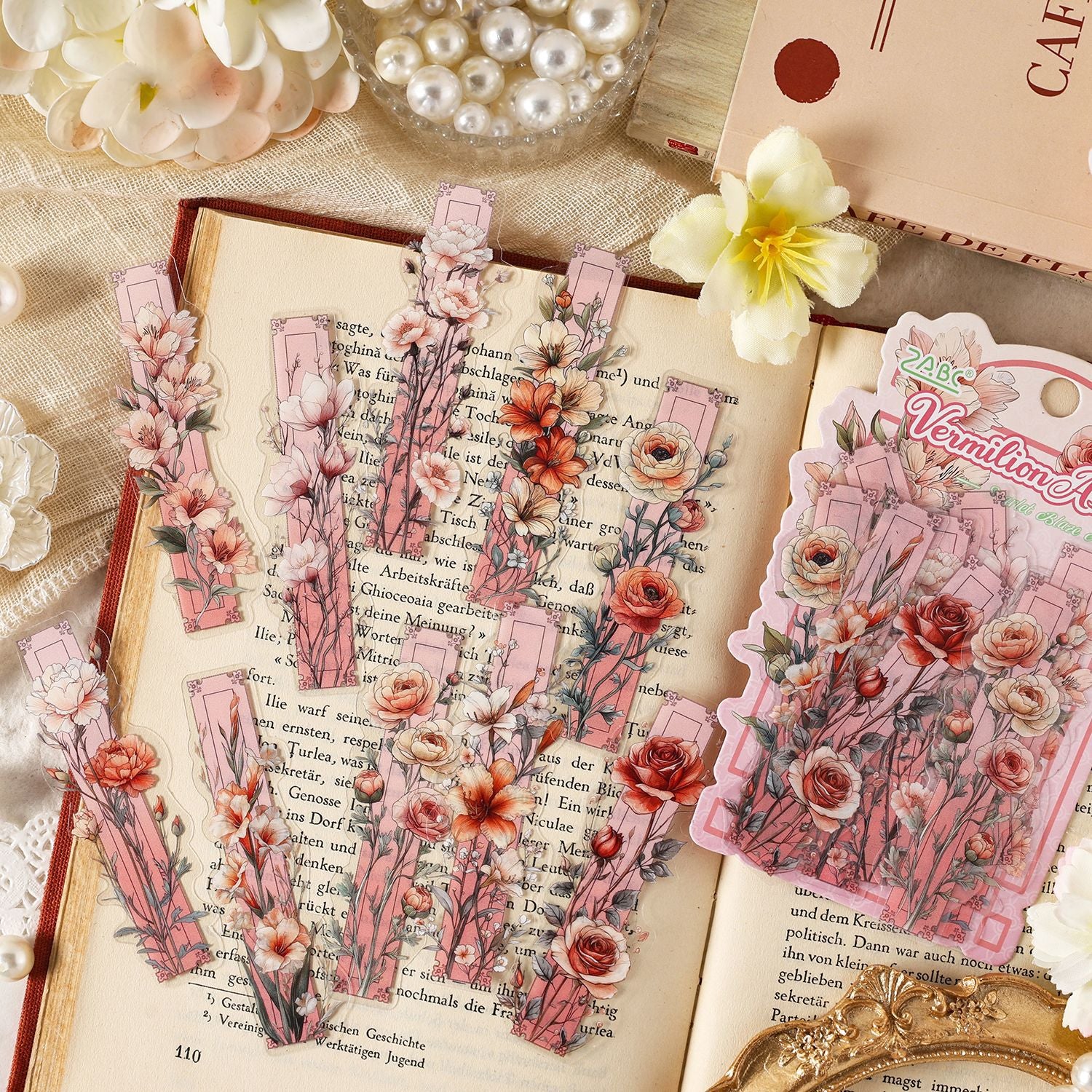 Vines and Flowers vintage botanical sticker pack – antique floral illustrations in Amaranth, Golden, Celadon and Vermillion