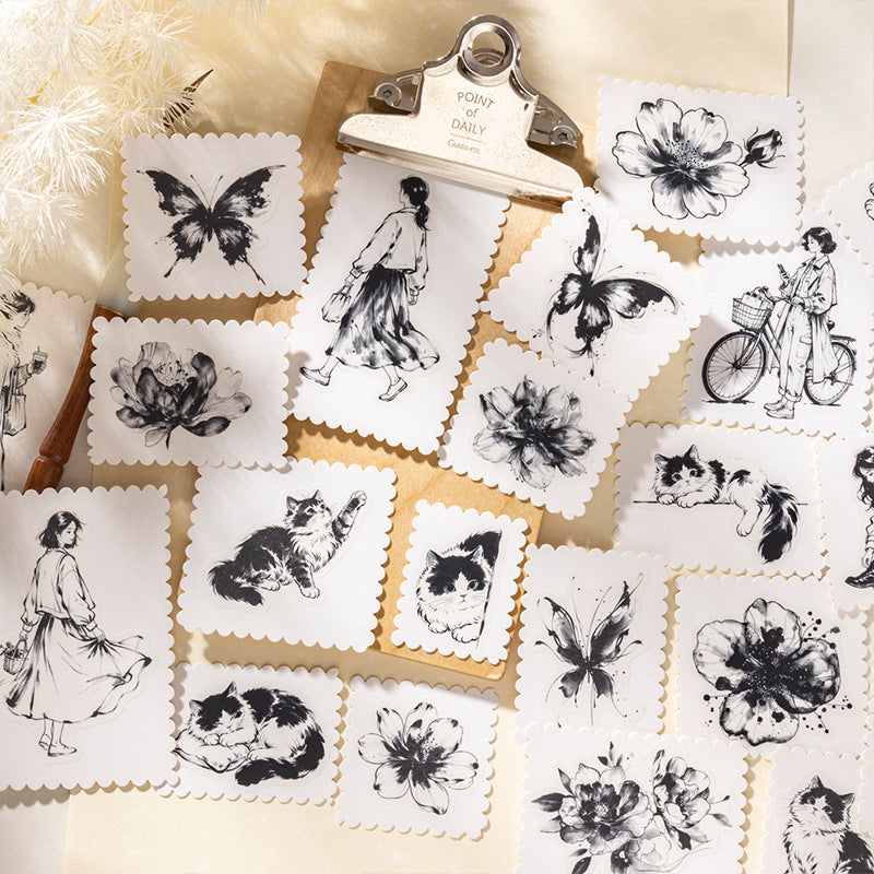 Minimalist ink-wash floral sticker design in soft monochrome tones