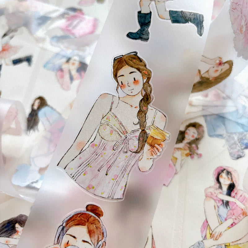Detail of watercolor blush pink girls illustrations on tape