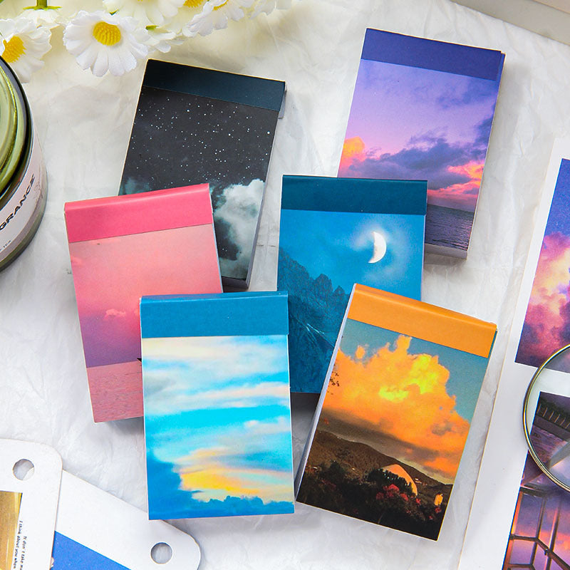 Sky and night photography sticker booklet – starry night, sunset glow, moon and purple cloud scenes