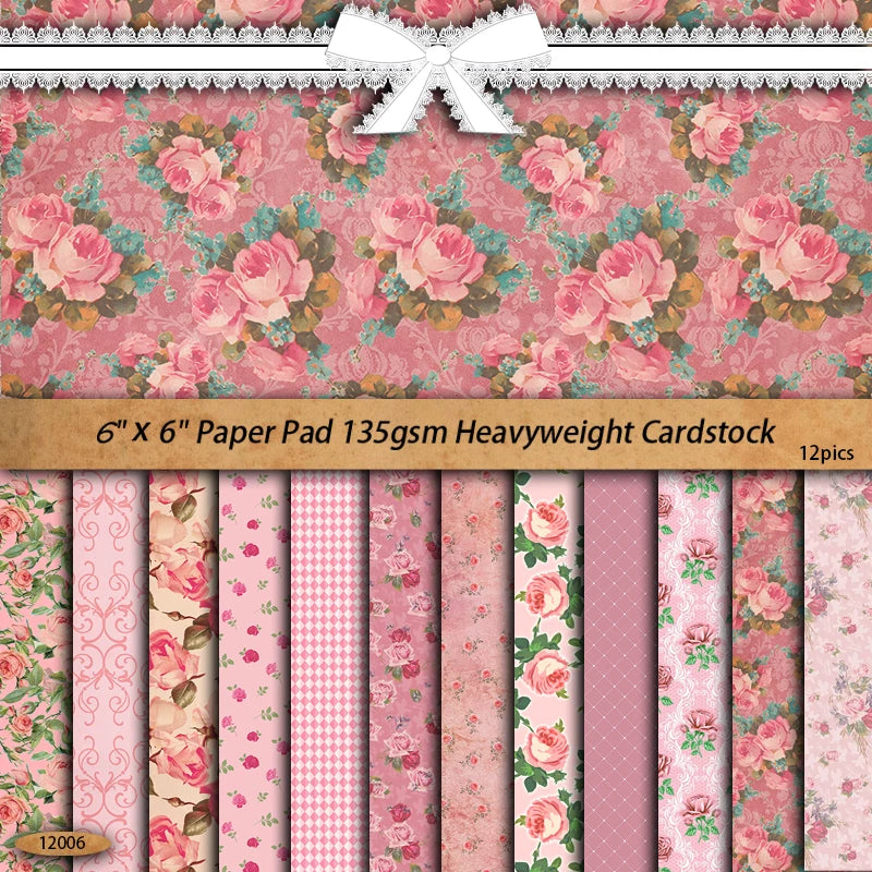 Vintage Pink Floral Junk Journal Paper - 12 Pieces Foldable Background Stickers for Scrapbooking & Gift Decoration