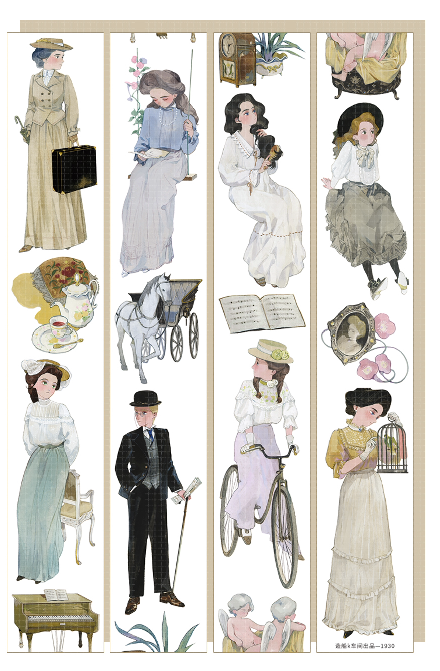 Vintage Character PET tape — four design strips showing Edwardian ladies, whimsical adventurers, and masquerade ball characters in watercolor