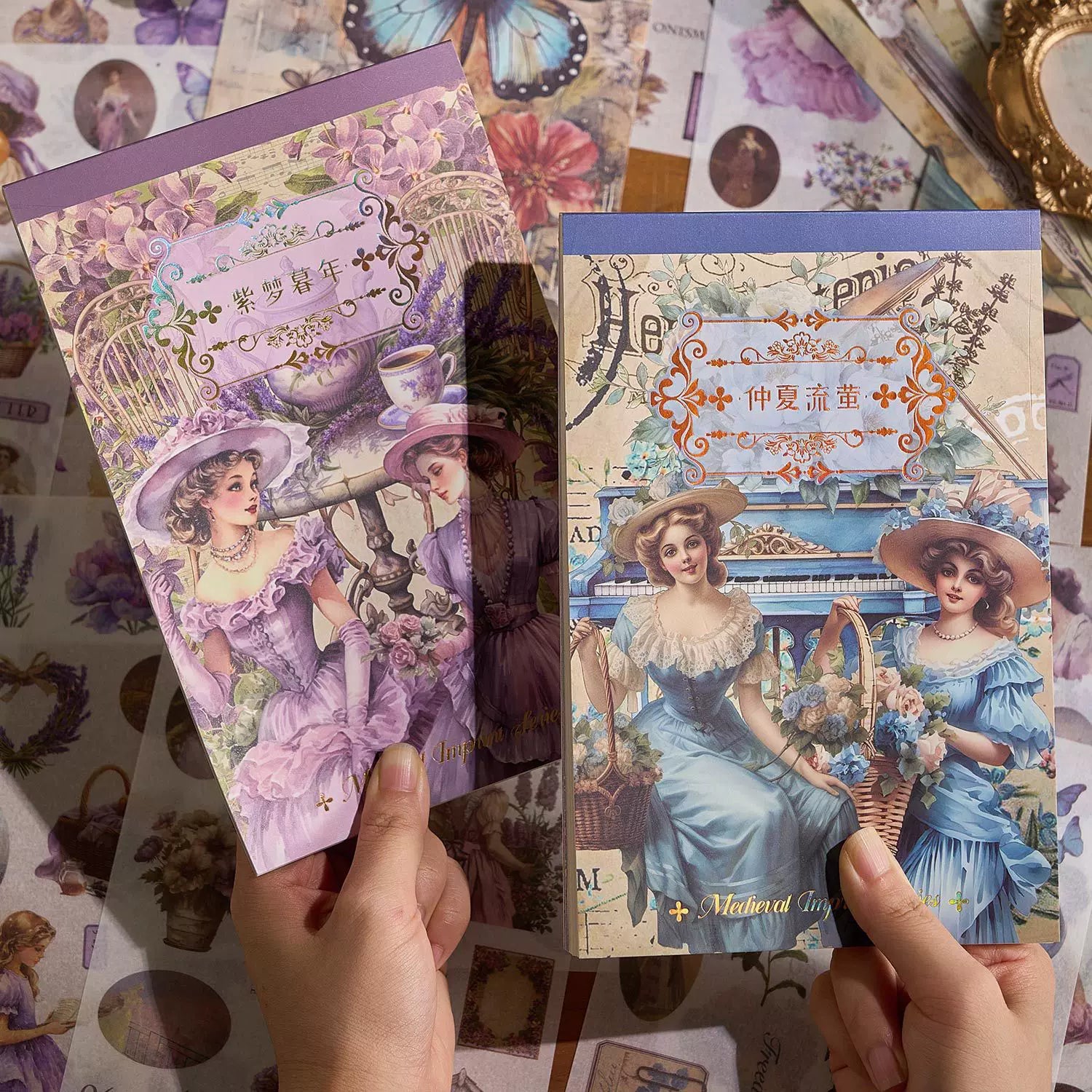 Vintage quote and label stickers with European portraits, florals, tea, and decorative typography