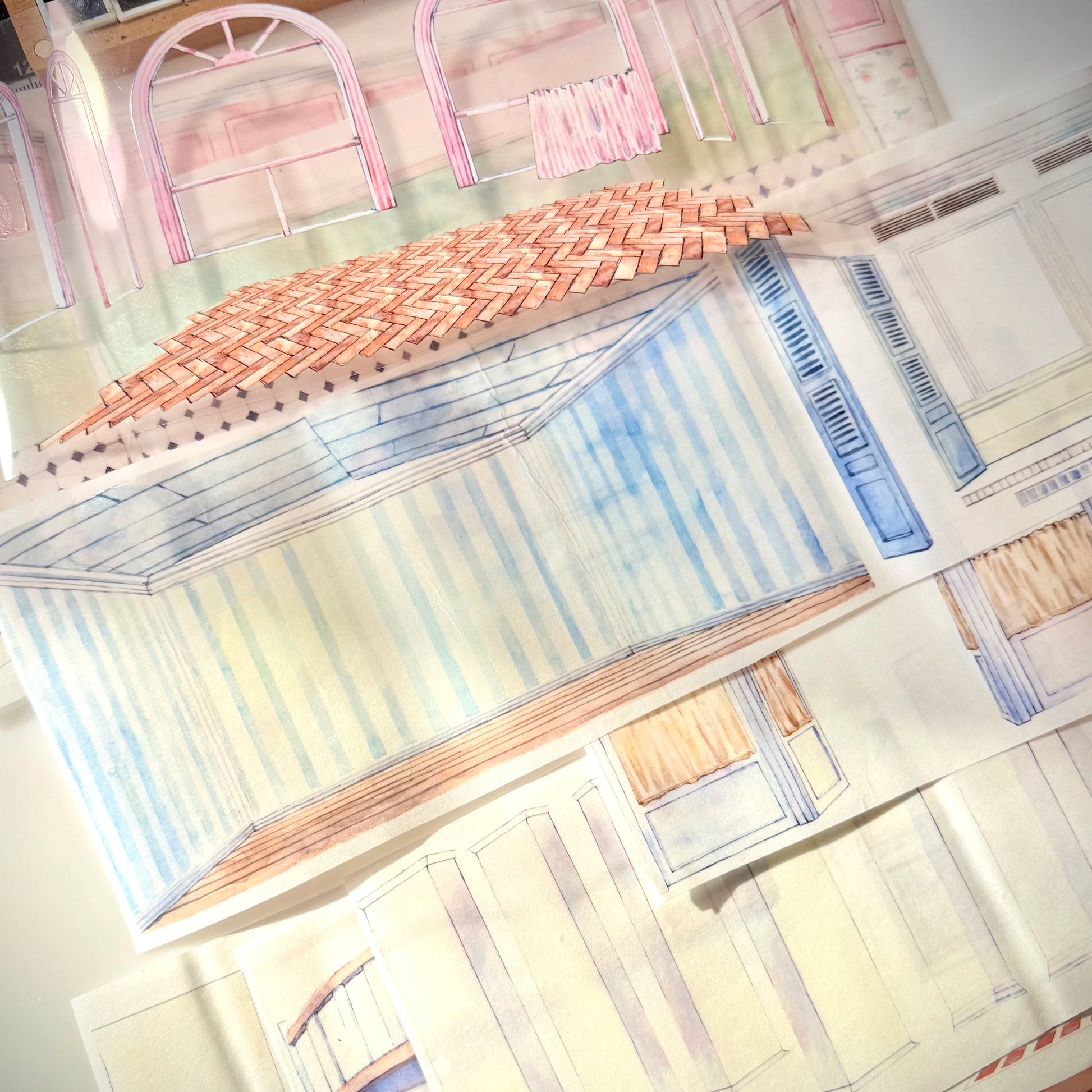 Wall 2.0 tape sections — pink arched doorway, herringbone floor, blue striped wallpaper room, shuttered window panels