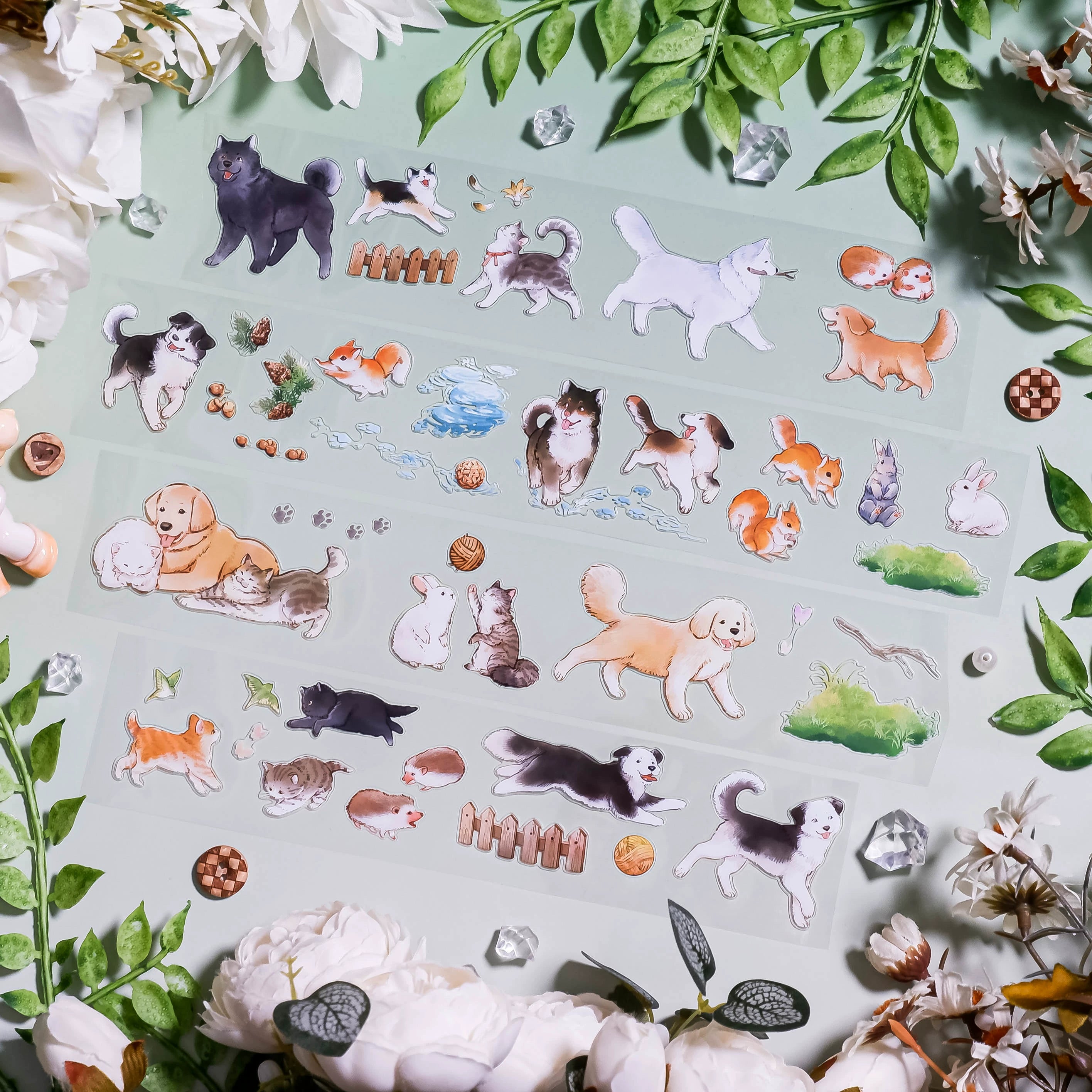 Hand-painted cats, dogs, bunnies PET cut-out tape stickers with fences and water, Shroomi
