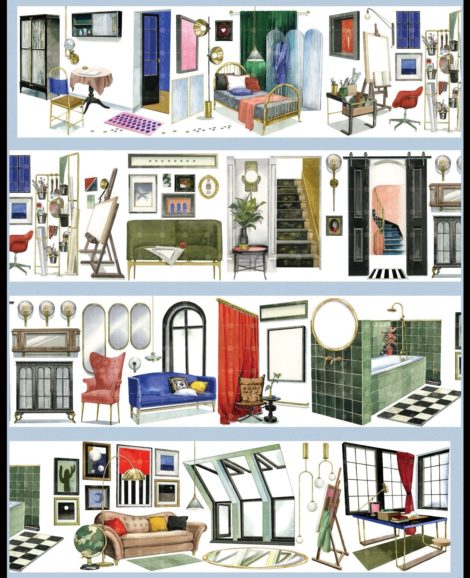 Vintage interior room PET tape with sofas, beds, doors, windows, studio desks, bathroom tiles, and furniture