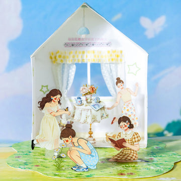 Mint-toned PET scene sticker pack with illustrated girls, house scenes, grass, flowers, blue skies, and summer details