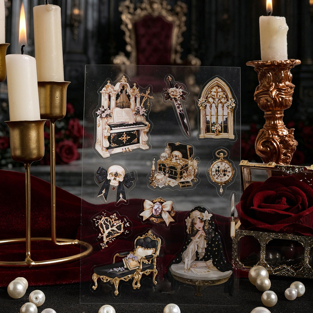 Thorn Chapel gothic PET sticker book with chapel windows, doorways, dark characters, skulls, and candles - image 1