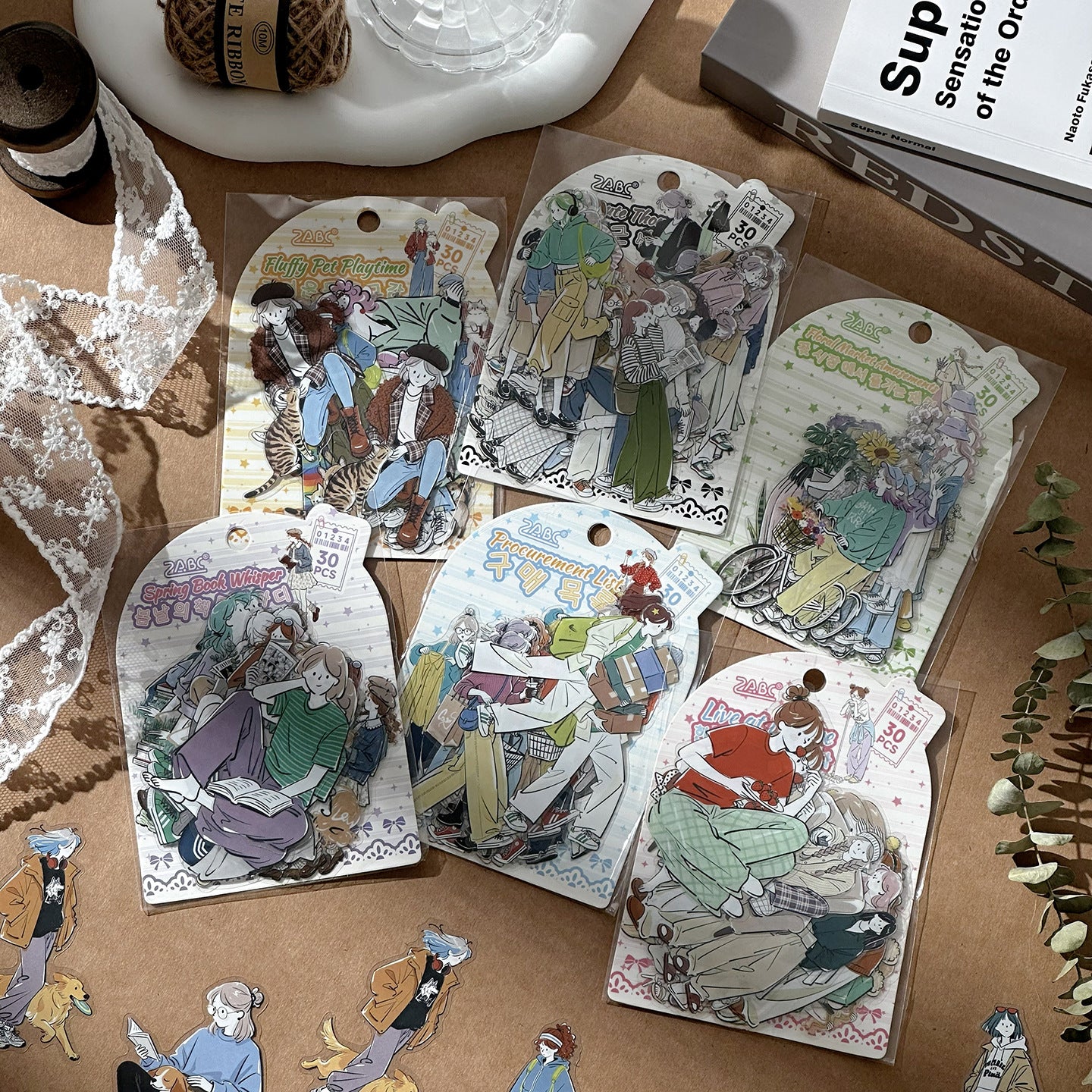 Soft Girl Fashion Sticker Pack styles arranged in die-cut packs with character illustrations