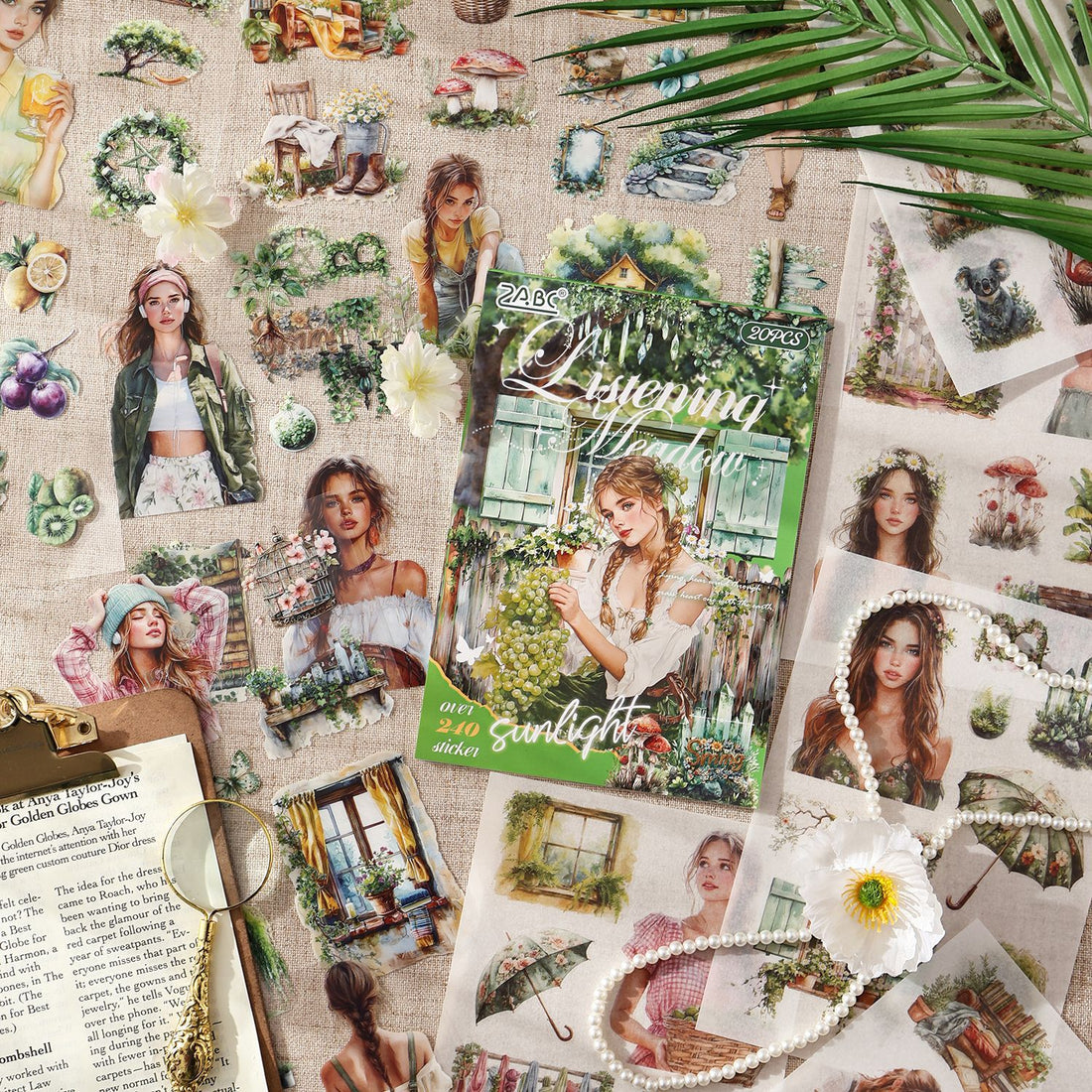 Vintage magazine style sticker book – elegant female character illustrations in editorial aesthetic