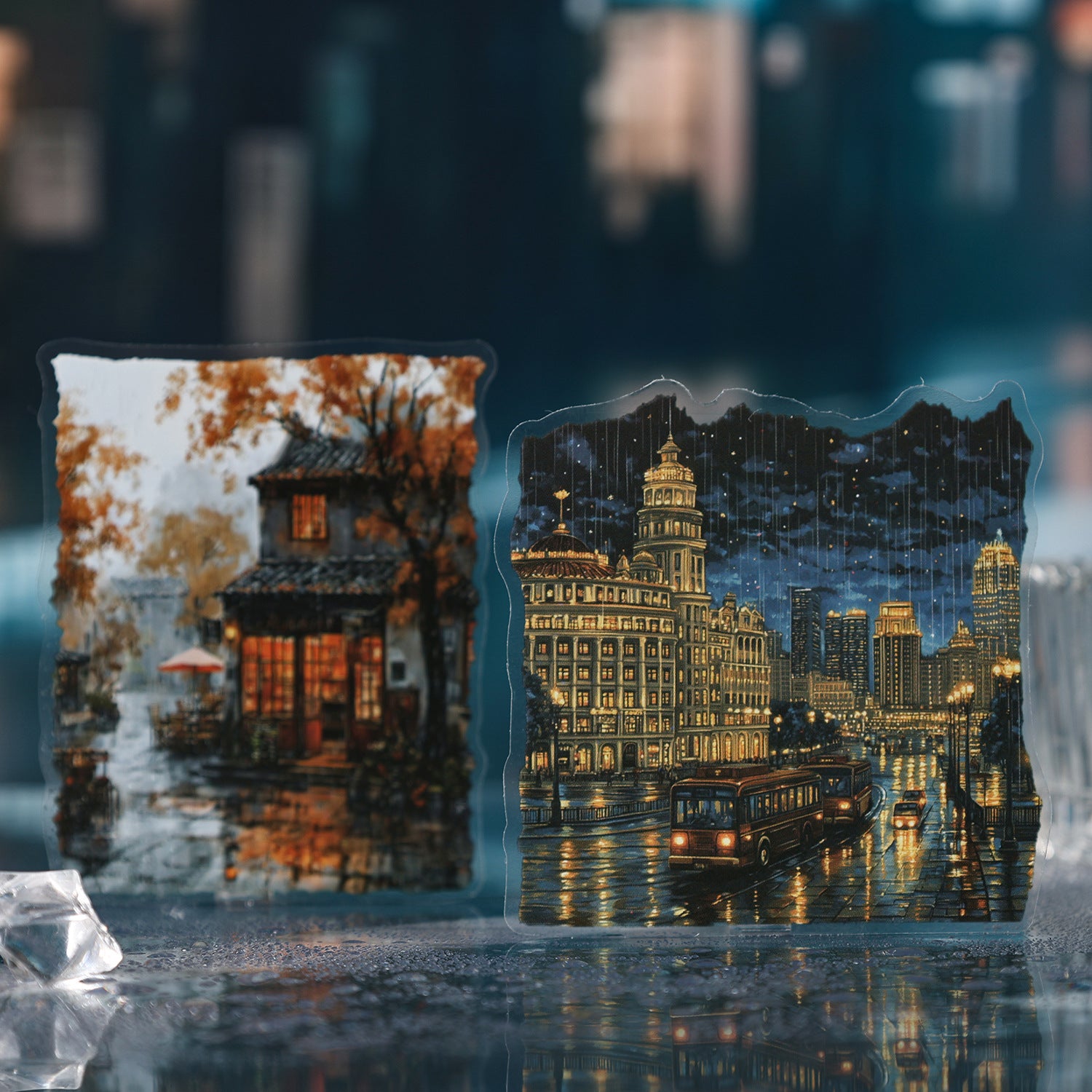 Misty Rain cityscape sticker pack with rainy streets, buildings, windows, and wet-weather scenes - image 1