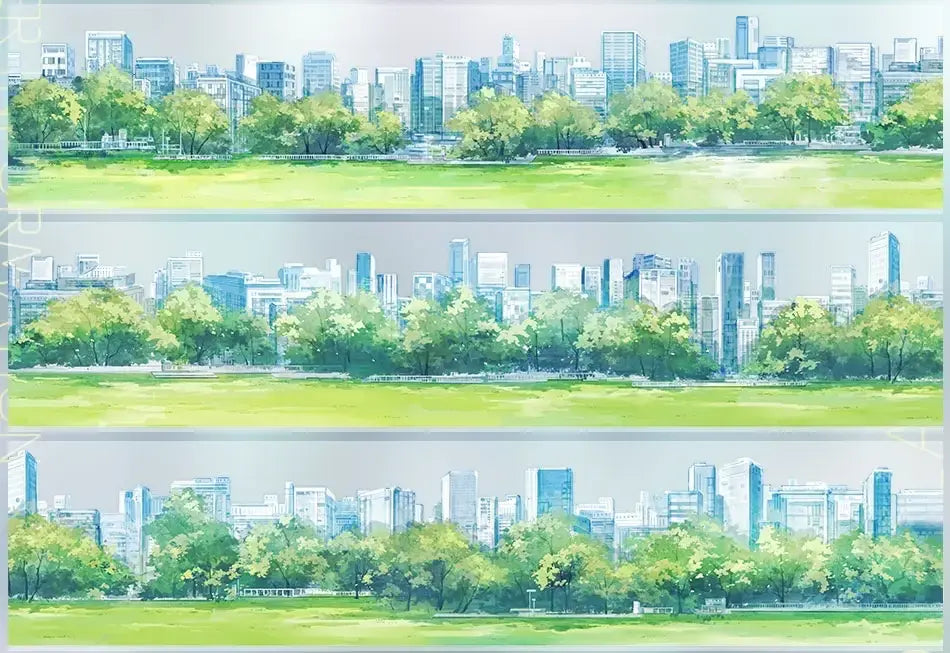 High-Rise Skyline PET Tape layout showing daytime green skyline panels with high-rise buildings