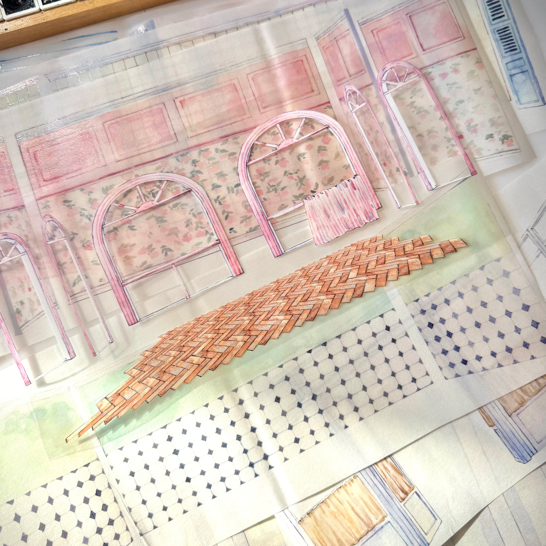 Wall 2.0 room scenery tape laid flat — pink floral wallpaper panels and diamond tile floor sections overview