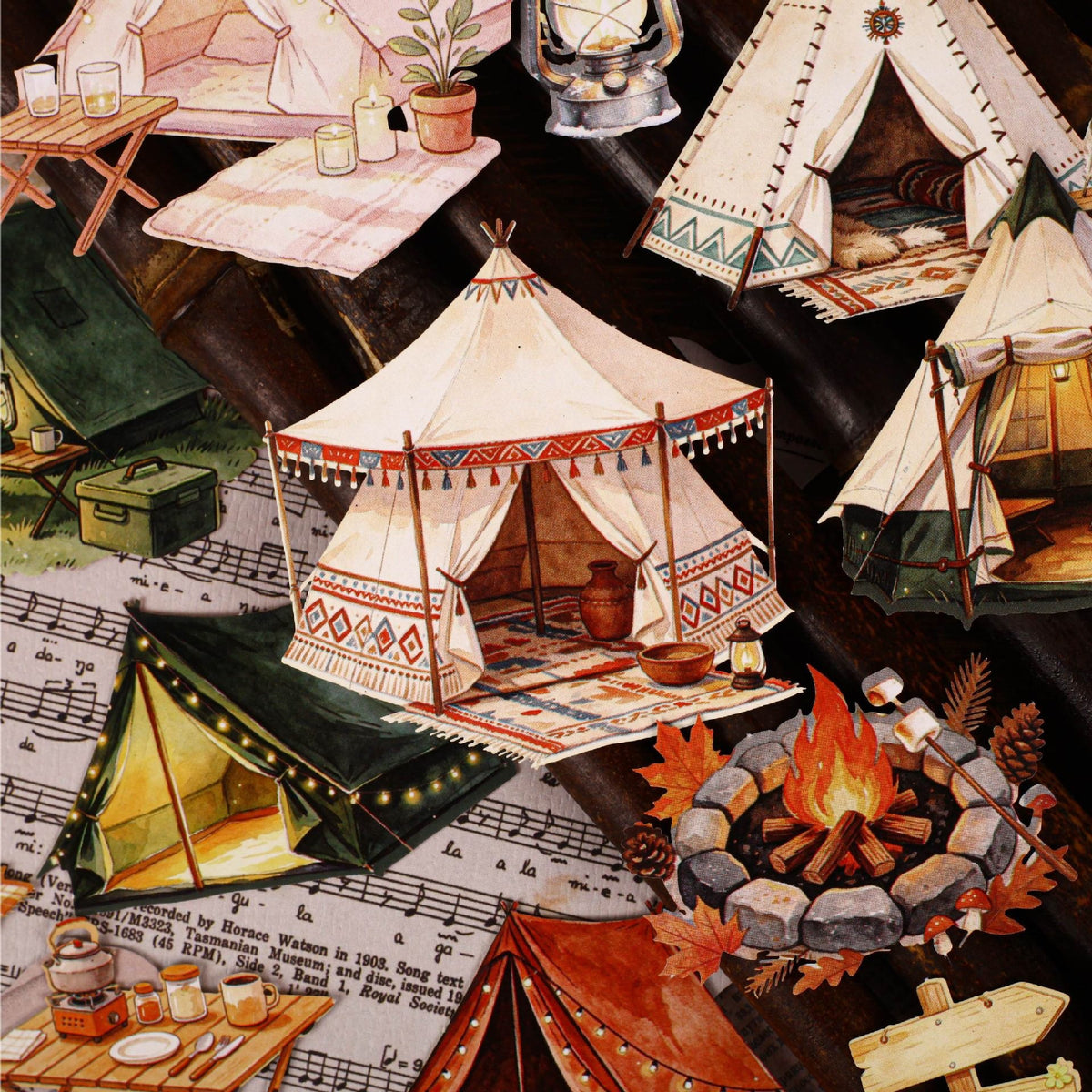 Camping stickers with tents, campfire and lanterns on an open book