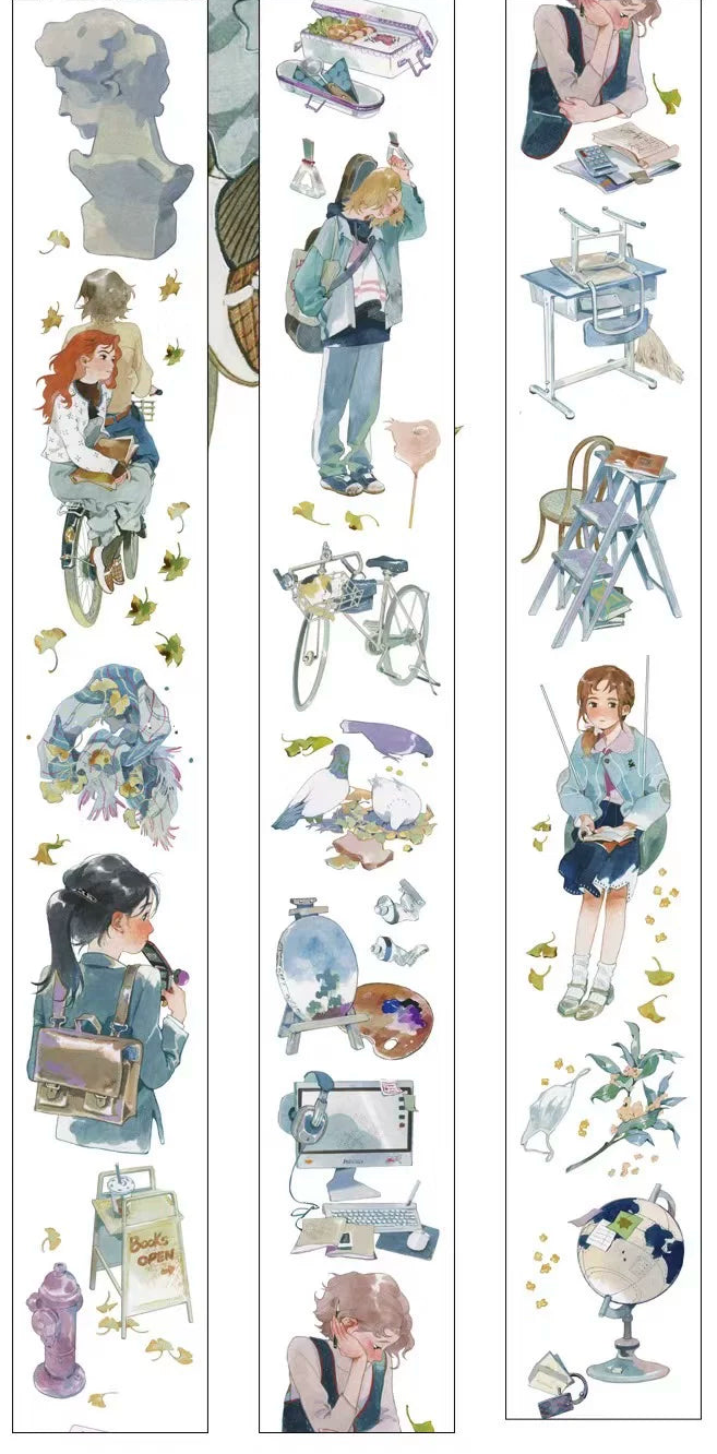 Shroomi Late Autumn Campus Life PET Tape full design strip flatlay showing students, bicycles, school desks, globe, classical bust, art easel, computer, and golden ginkgo leaves in soft blue and grey watercolor