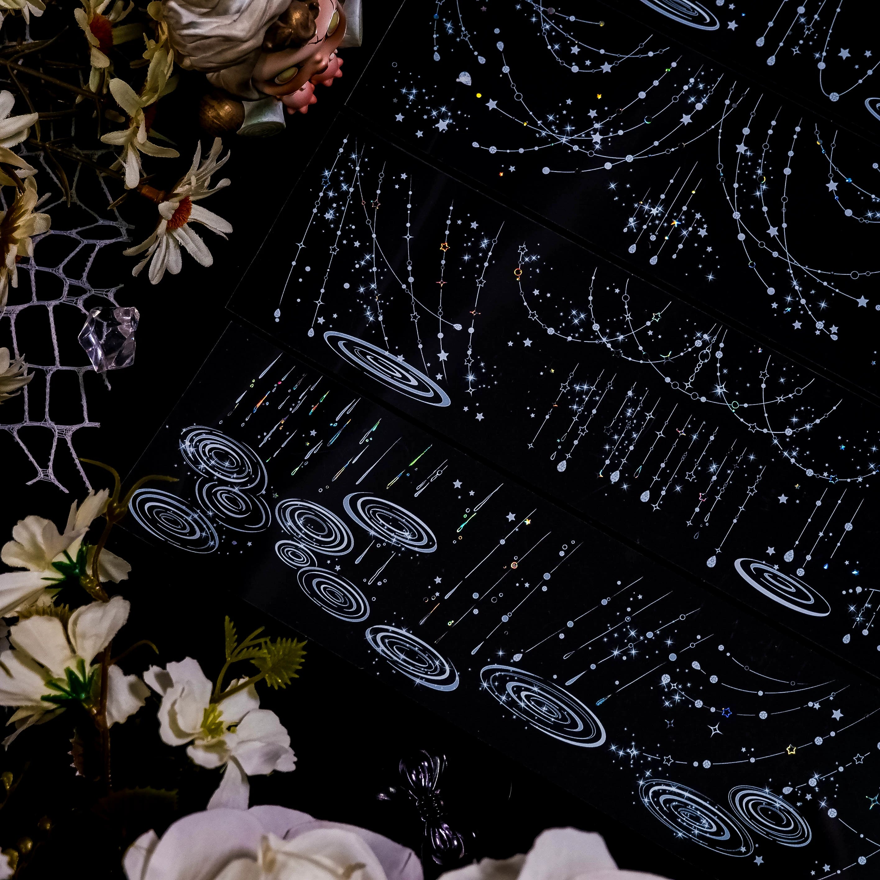 Silver foil starry patterns on black PET tape roll for scrapbooking