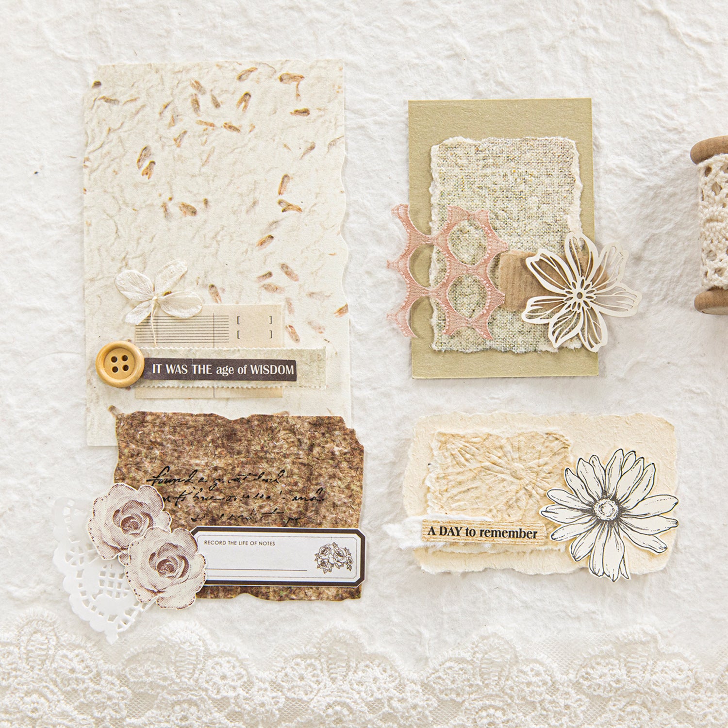 Vintage embossed scrapbooking paper pack with textured neutral sheets