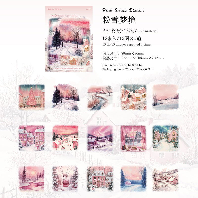 Snow Realm Poetry Sticker Pack - Winter Landscape Decorative Stickers for Journaling (15 Sheets, 6 Designs)